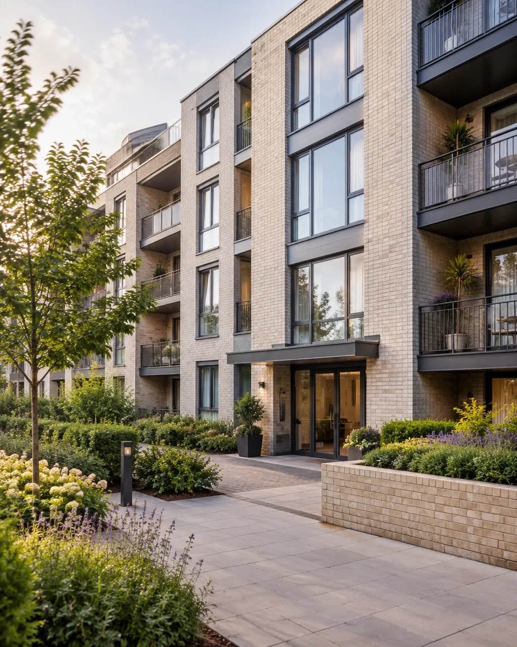 Modern brick apartment building with landscaped entrance