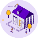 Illustration of a purple house with people and trees